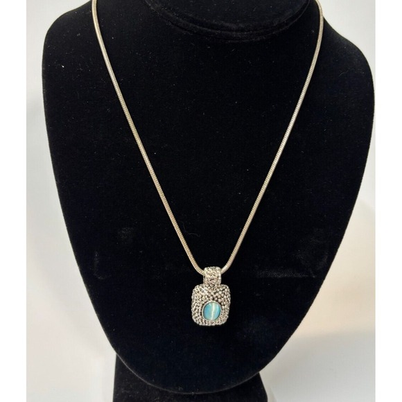 Jewelry - Pendant Necklace Silver Tone Blue  Thick Chain Pebbled Metal